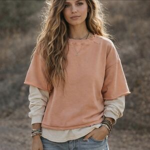 We The Free People Oversized Layered Sweatshirt Peach/Cream Cotton Boho Size M